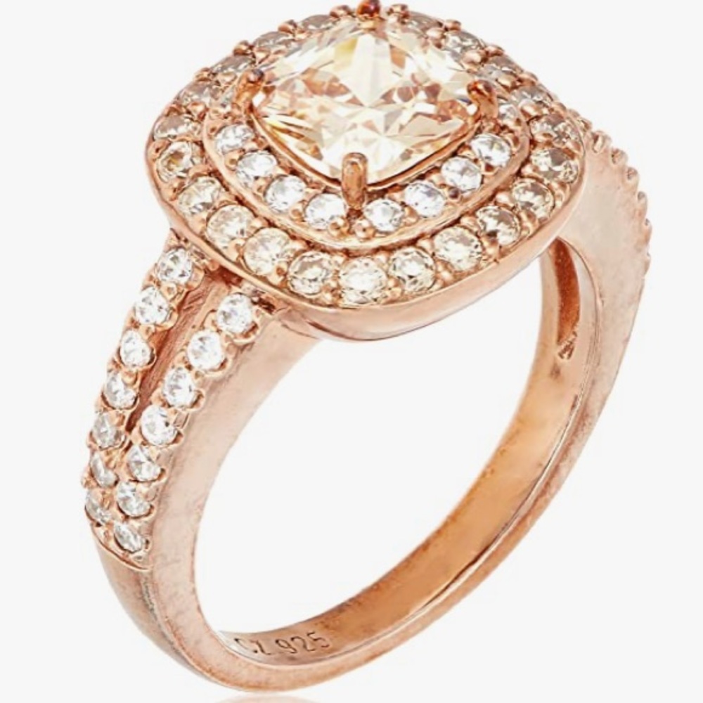 14K Rose Gold Plated Sterling Cushion Cut Champaign Cubic Zirconia Double Halo